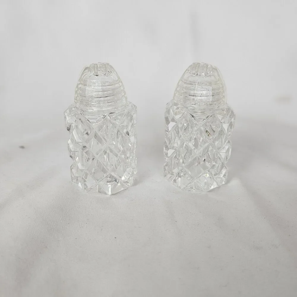 VINTAGE Cut Crystal Glass Salt And Pepper Shakers 3 Inch  Glass Screw Top